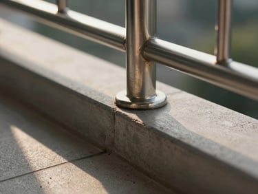 Close-up of a stainless steel railing post base plate on a balcony edge, brushed 316-grade finish catching directional late-afternoon sunlight, concrete floor visible below