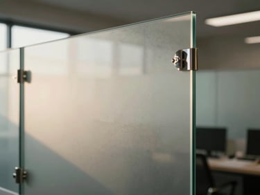 Wide toughened glass panel installed as a partition in a commercial interior, late-afternoon light refracting through the panel edge, polished hardware fittings in sharp focus