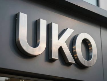 Close-up of dimensional stainless steel letters mounted flush on a dark commercial facade, brushed metal surface catching directional side-light, sharp shadow lines on the wall behind