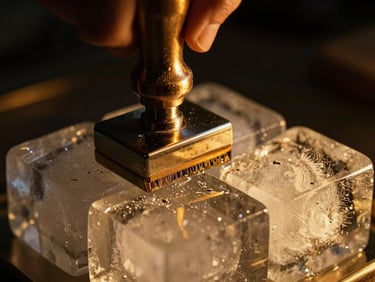 Close-up of a metallic custom ice stamp pressing into a clear ice cube, with a golden glow, dramatic low-key lighting, rich gold reflections, shallow depth of field