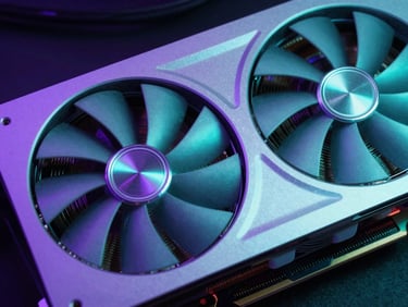 Close-up de uma placa de vídeo (GPU) com ventoinhas girando lentamente, iluminação neon ciano e detalhes metálicos, fumaça sutil para efeito dramático.
