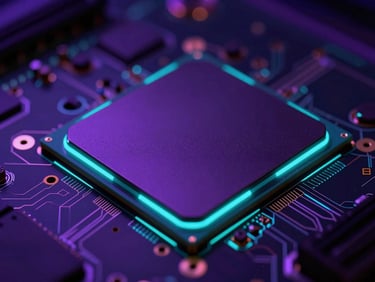 Macro de um chip de CPU com detalhes intrincados, brilhos de neon roxo e ciano refletindo na superfície metálica, fundo escuro e técnico.