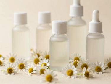 Close up of fresh chamomile petals on a light beige background, soft morning light
