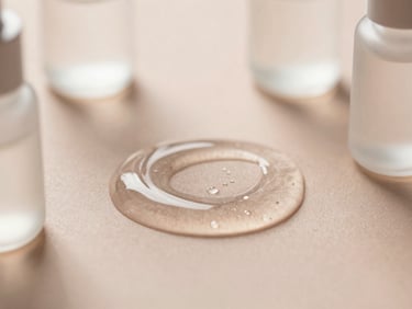 Macro shot of clear, viscous hyaluronic acid gel catching morning light, soft shadows