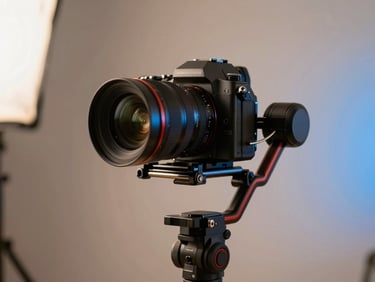 Close-up of a camera rig mounted on a stabilizer gimbal, studio background with soft amber and blue rim lights.