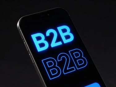 Angled smartphone mockup displaying a high-contrast B2B graphic with bold typography and electric blue accents, dark studio background