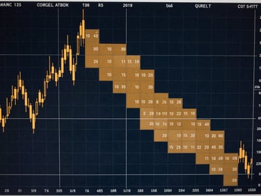 High-contrast quantitative financial chart showing a correlation matrix grid, deep slate background with sharp amber accent squares highlighting strong asset relationships, clean monospace numbers.
