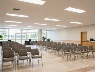A spacious community center event with organized seating, bright natural daylight, structured layout, professional atmosphere