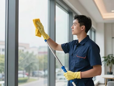 Bright editorial photography of a professional cleaner in a neat navy uniform wiping a modern glass window, natural daylight, 35mm lens.