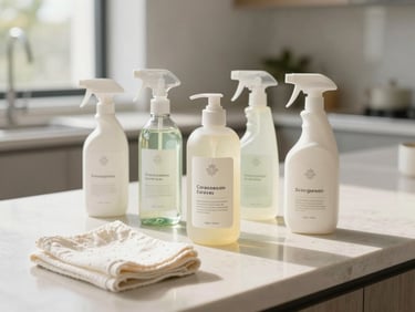 Eco-friendly cleaning bottles and organic cotton cloths arranged on a polished sand-colored counter, bright daylight, high-end commercial style, 35mm lens.