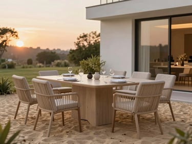 An elegant outdoor garden dining setup at sunset, warm sand tones, clean modern table arrangement, soft lighting
