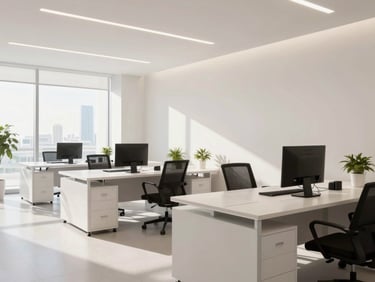 A pristine, sunlit modern office interior in Ras Al Khaimah, clean lines, organized desks, soft shadows, professional soft tones.