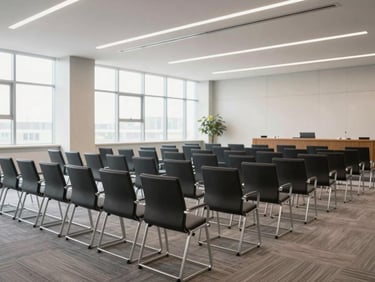 A bright modern conference hall with structured seating, soft daylight, professional corporate setup, 35mm lens