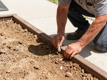 Close-up of a home foundation being treated for termites by a technician in uniform, bright Texas daylight, focus on the barrier application.