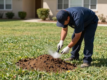 Technician in uniform applying treatment to a fire ant mound in a residential lawn, bright Texas daylight, focused on the application.