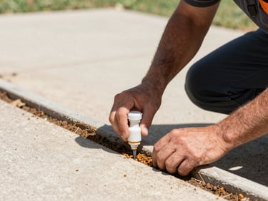 Close-up of a technician in uniform applying a liquid termite barrier to a home foundation in bright Texas daylight, hands in sharp focus.