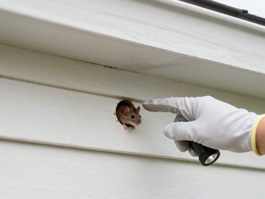 Close-up of a pest entry point on a residential home, showing signs of rodent activity, with a technician's gloved hand pointing to it, realistic flashlight lighting.
