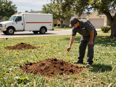Medium-wide shot of a technician in uniform inspecting a residential yard for fire ant mounds under bright Texas daylight, service truck visible in background.