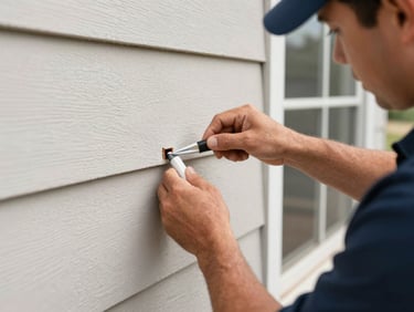 Close-up of a technician in uniform sealing a small entry point on a home's exterior wall with professional material, focused on hands.