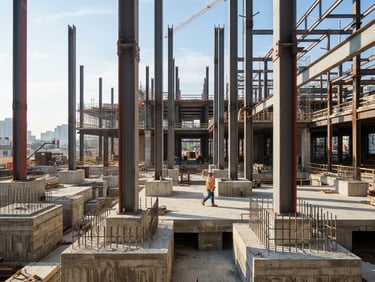 Wide-angle architectural shot of concrete foundations and steel columns under high-contrast morning light, clean safety gear visible, professional engineering perspective.