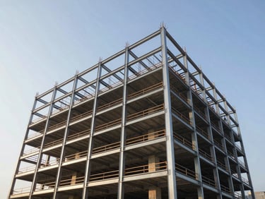 Low-angle architectural shot of a modern steel framework building under construction, crisp morning light, high contrast.