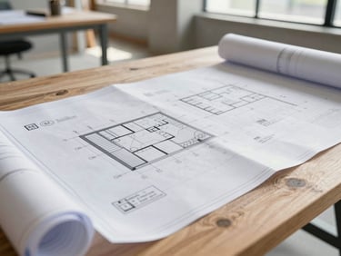 Close-up of blueprints and financial charts on a wooden table in a well-lit construction site office, natural daylight.