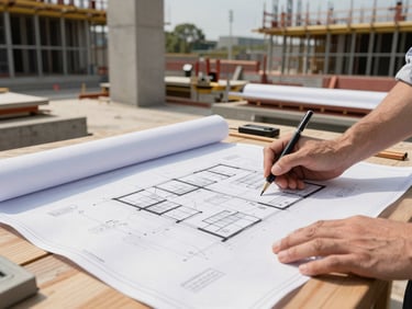Close-up of an engineer reviewing architectural blueprints on a wooden table on an active, organized construction site.