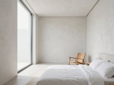Minimalist guest house bedroom, high ceilings, large window with soft daylight, raw plaster walls, oak lounge chair, crisp white sheets.