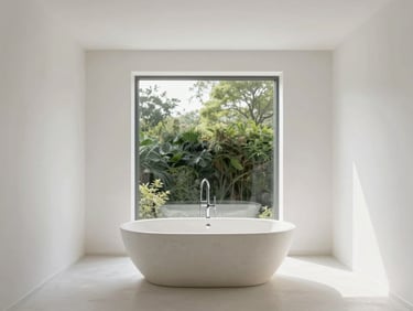 Elegant minimal loft interior, freestanding stone bathtub near a wide window overlooking green foliage, soft daylight, white linen textures.