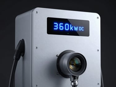 Studio shot of a heavy-duty 360kW DC fast charger, cool metallic silver casing, glowing blue LED telemetry indicators, high-contrast dark background, 35mm lens