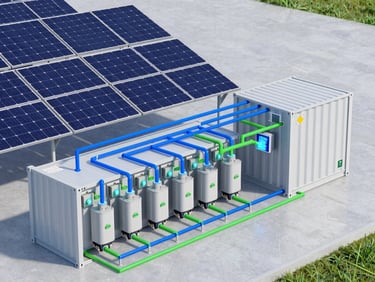 A highly detailed, clean vector schematic diagram of an industrial microgrid, showing energy flow lines from solar PV panels to a containerized BESS, with sharp electric blue and functional green telemetry lines.