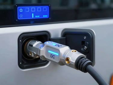 Macro close-up of a heavy-duty liquid-cooled DC fast charging connector being plugged into an electric bus, glowing blue telemetry screen in background.