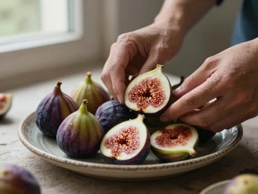 Close-up of hands arranging fresh organic figs on a rustic ceramic plate, soft side lighting from a window.