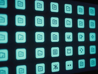 Gros plan sur des fichiers vidéo numériques affichés sur un écran avec des icônes de format, éclairés par des néons cyan.