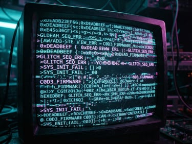Gros plan sur un écran CRT avec des lignes de balayage, affichant du code glitché en cyan et magenta, dans un environnement sombre et néon.