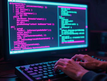 Une main stylisée tapant sur un clavier rétro-futuriste, affichant un contrat numérique avec des lignes de code magenta.