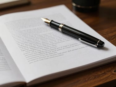 A close-up of a heavy textured paper document with fine typography, a classic fountain pen resting on top, natural side-lighting casting soft shadows on a dark oak desk.