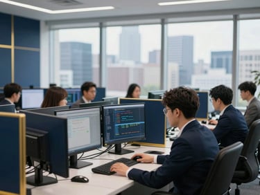 Sleek financial trading floor with analysts at workstations, city skyline through window, bright natural light, deep navy and gold accents, shallow depth of field, 35mm