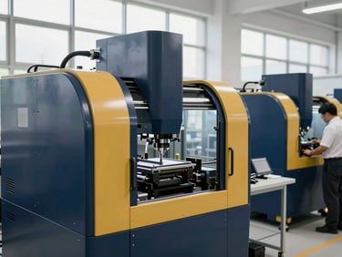 High-tech manufacturing facility with precision machinery, engineers overseeing operations, bright natural light, deep navy and gold accents, shallow depth of field, 35mm