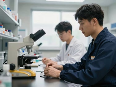 Advanced medical research lab with scientists in sterile environment, soft diffused light, deep navy and gold accents, shallow depth of field, 35mm