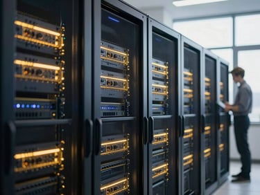 Modern data center with glowing servers, focused engineers, bright natural light, deep navy and gold accents, shallow depth of field, 35mm