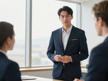Professional in a modern office confidently negotiating a deal, bright natural light, subtle gold accents, shallow depth of field, 35mm