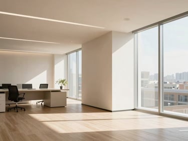 Modern commercial office space, soft natural daylight, warm neutral tones, clean lines, professional interior design, 35mm