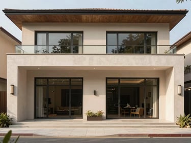 Modern luxury house facade, soft natural daylight, warm neutral tones, clean lines, professional architecture, 35mm