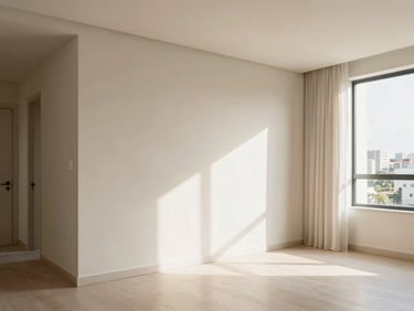 Bright modern apartment interior in Sao Paulo, soft natural daylight, warm neutral tones, clean lines, professional interior design, 35mm