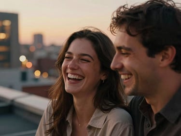 Candid medium close-up of a couple sharing a quiet laugh on an urban rooftop at dusk, city lights blurred in the background, warm tones, 35mm