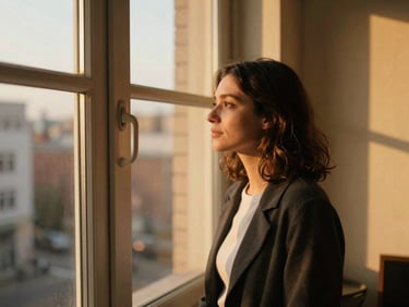 Candid environmental portrait of a thoughtful woman looking out a window in a sunlit urban loft, warm golden hour light, 35mm editorial style