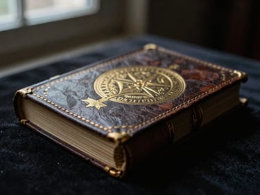 Macro close-up of a 17th-century leather-bound grimoire with gold leaf embossing, resting on a dark velvet surface, single-source window light, 35mm film