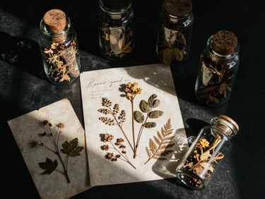 Overhead flat-lay of dried botanical specimens, glass apothecary jars, and handwritten parchment under low-key dramatic window light.