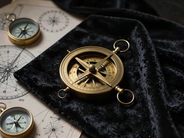An antique brass astrolabe resting on a dark velvet cloth, surrounded by astronomical charts and compasses, dramatic single-source lighting.